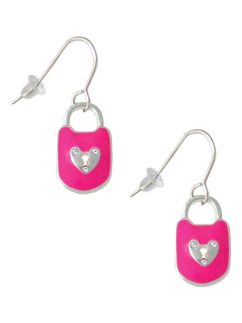 Hot Pink Enamel Lock with Clear Crystals French Earrings