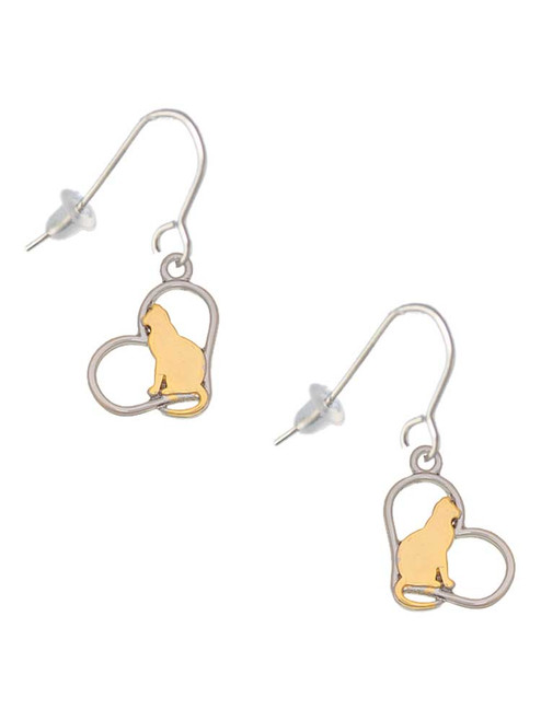 Two Tone Cat Silhouette Heart French Earrings