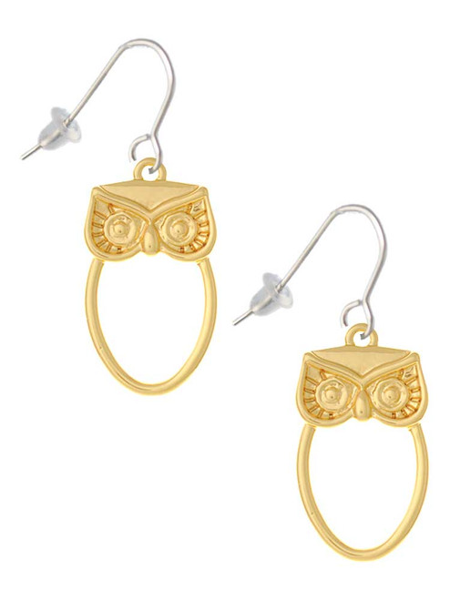 Large Gold Tone Owl Outline French Earrings