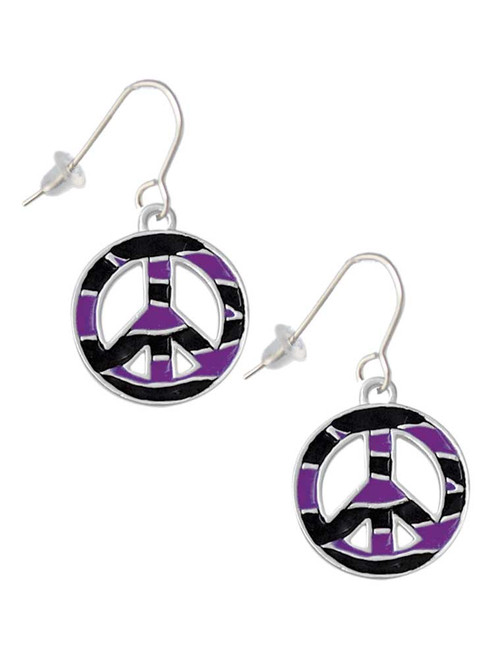 Large Purple Tiger Print Peace Sign French Earrings