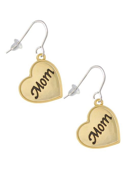 Gold Tone Script Mom Heart French Earrings