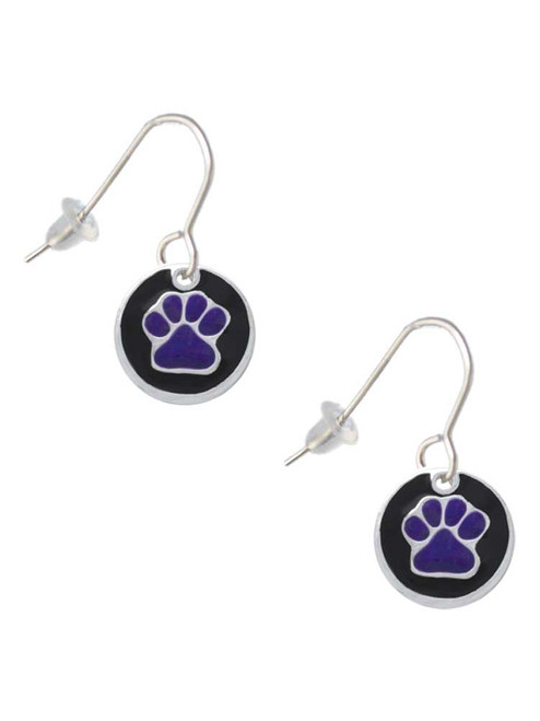 Purple Paw on Black Disc French Earrings