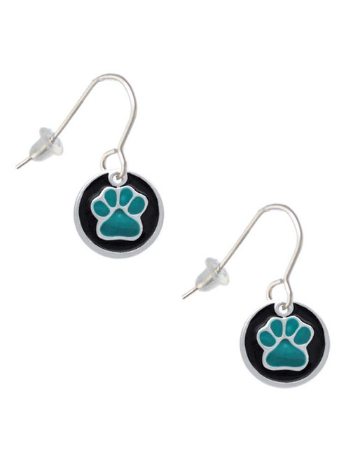 Teal Paw on Black Disc French Earrings