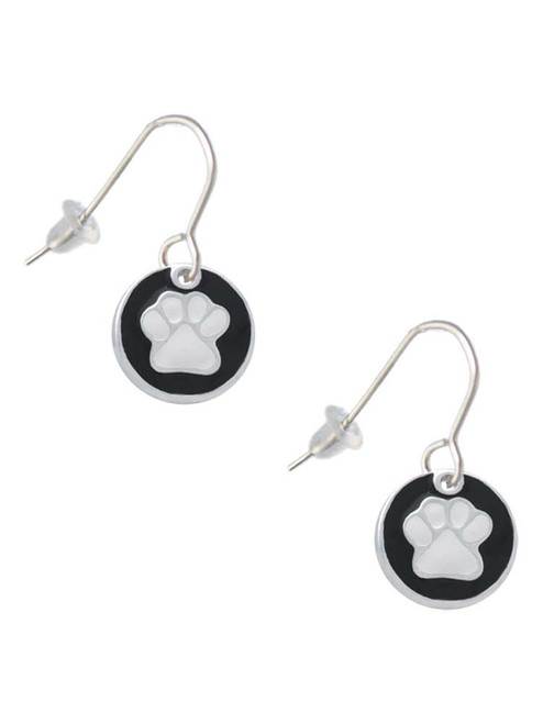 White Paw on Black Disc French Earrings
