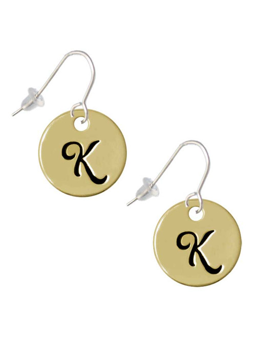 Large Gold Tone Disc Letter - K - 3/4'' French Earrings