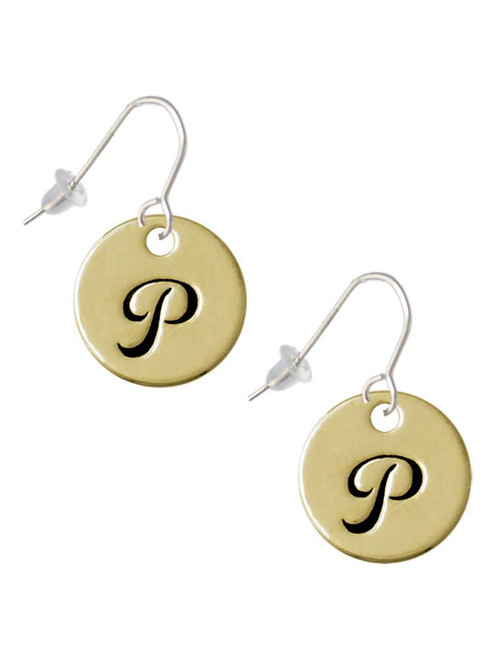 Large Gold Tone Disc Letter - P - 3/4'' French Earrings
