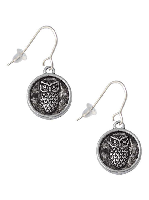 Antiqued Round Seal - Owl French Earrings