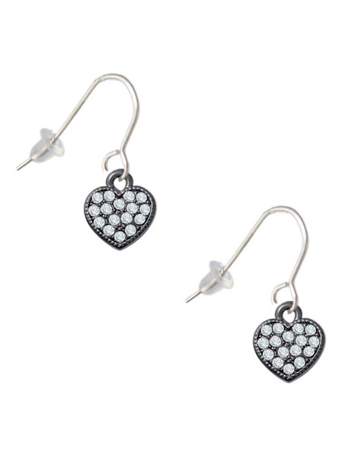 Small Black Heart with Clear Crystals French Earrings
