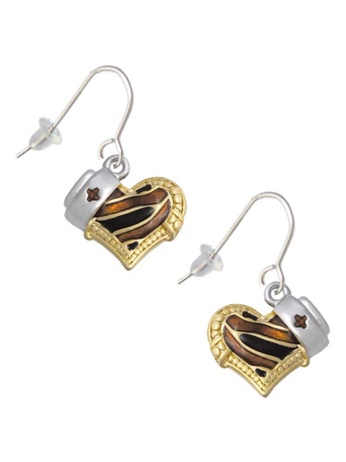Brown Tiger Print Heart with Nurse Hat French Earrings