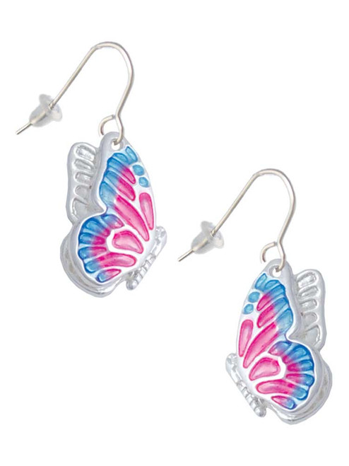 Large Translucent Hot Pink & Blue Flying Butterfly French Earrings