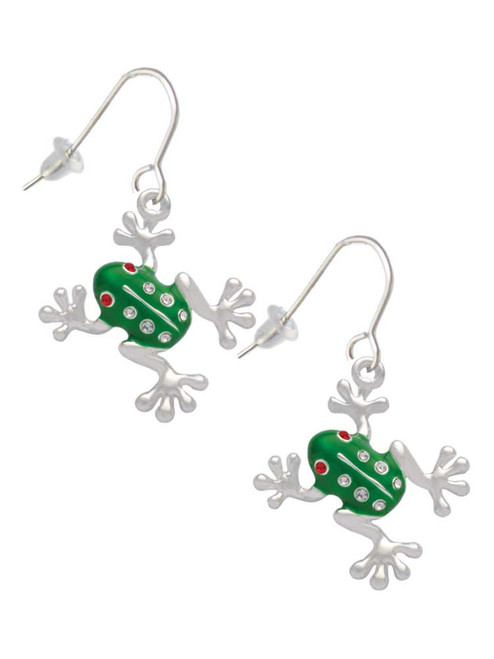 Green Frog with Crystals French Earrings