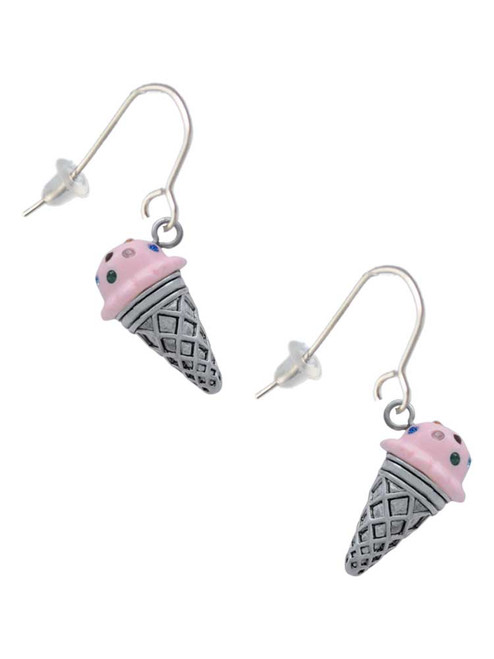 3-D Resin Strawberry Ice Cream Cone with Crystals French Earrings
