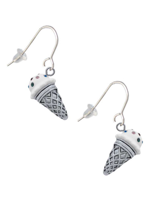3-D Resin Vanilla Ice Cream Cone with Crystals French Earrings
