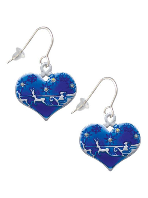 Large Blue Flying Santa Heart with AB Crystals French Earrings