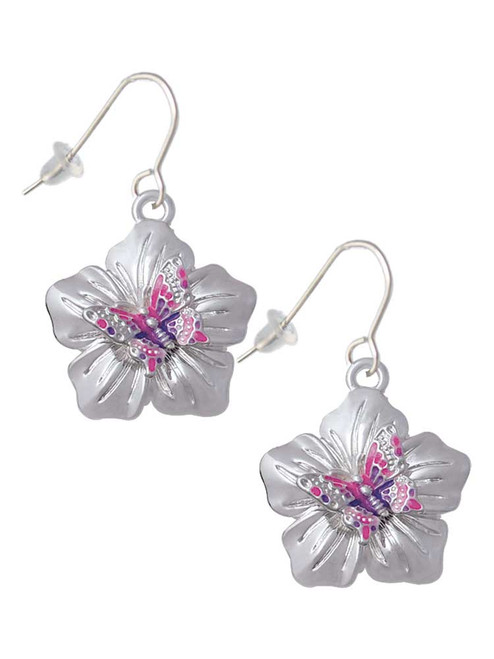 Pink & Purple Butterfly on Large Flower French Earrings
