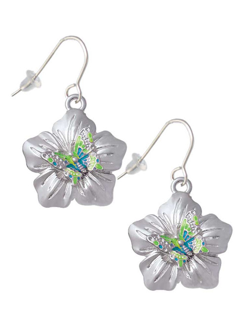 Lime Green & Hot Blue Butterfly on Large Flower French Earrings