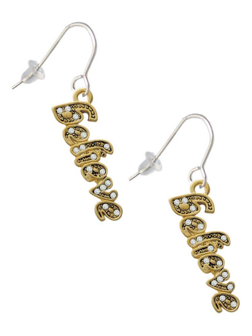 Gold Tone Script ''Believe'' with Clear Crystals French Earrings