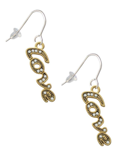 Gold Tone Script ''Love'' with Clear Crystals French Earrings