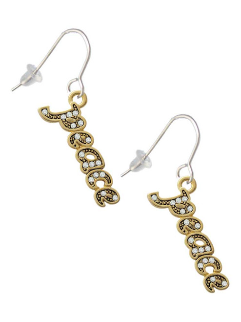 Gold Tone Script ''Peace'' with Clear Crystals French Earrings