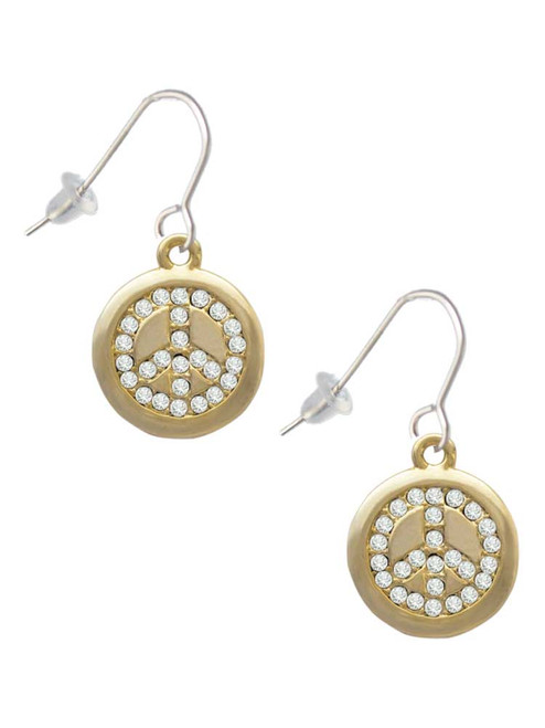 Gold Tone Disc with Crystal Peace Sign French Earrings