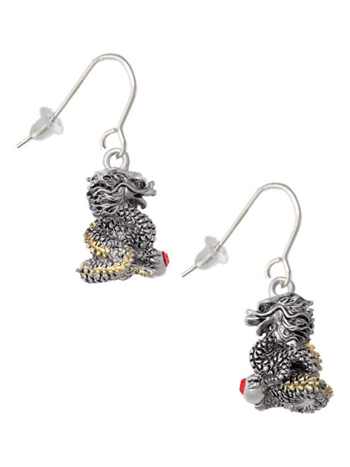 Dragon with Gold Tone Scales and Red Crystals French Earrings