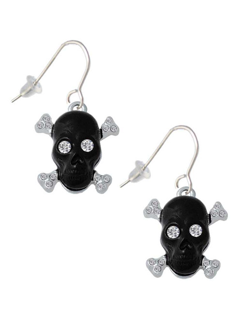 Large Black Resin Skull with Clear Crystals French Earrings