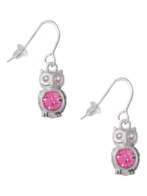 3-D Hot Pink & AB Crystal Owl French Earrings