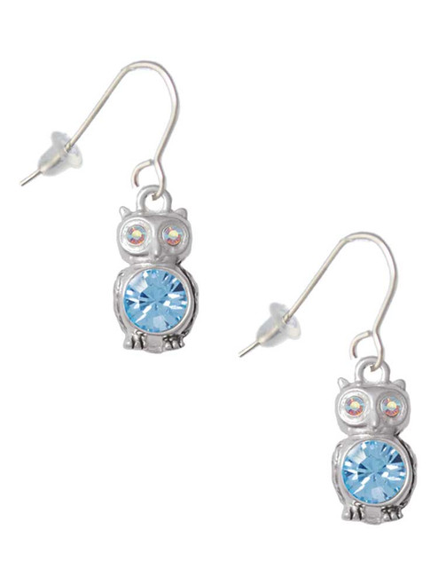 3-D Light Blue & AB Crystal Owl French Earrings