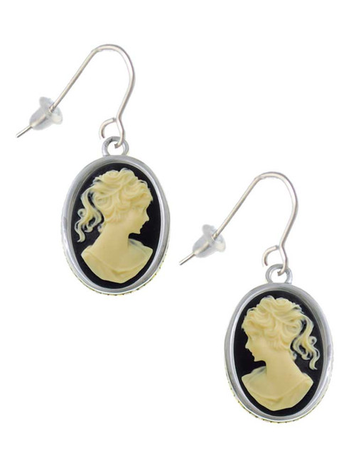 Small Black Oval Cameo French Earrings