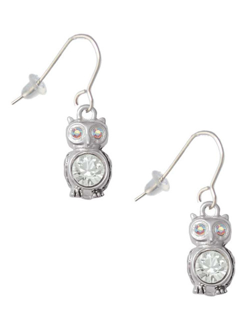 3-D Clear AB Crystal Owl French Earrings