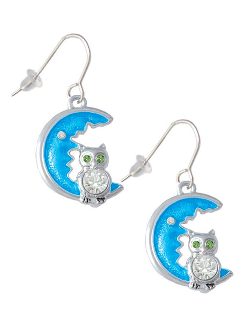 Large Clear Crystal Owl on Hot Blue Moon French Earrings