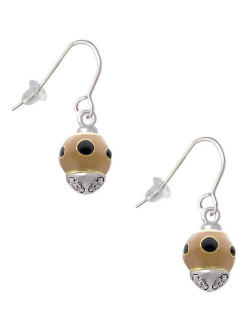 Wide Black Dots on Tan - Gold Tone Spinner French Earrings