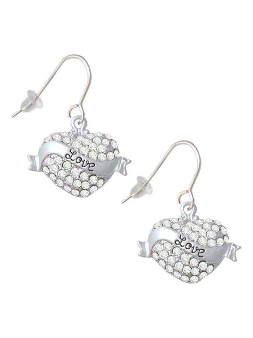 Love Banner on Clear Crystal Heart French Earrings