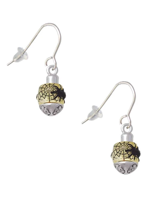 Black Spider on Web Gold Tone Spinner French Earrings