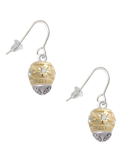 Raised Gold Tone Flowers with Clear Crystals on Barrel Gold Tone Spinner French Earrings