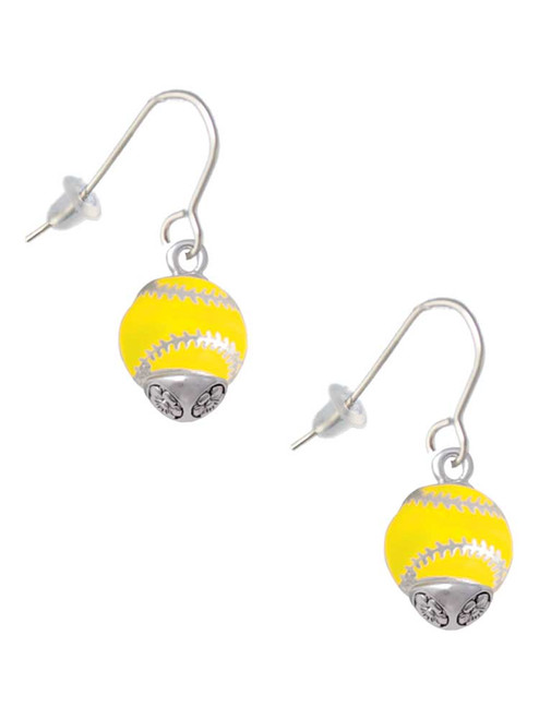 Yellow Softball with Silver Tone Stitching Spinner French Earrings