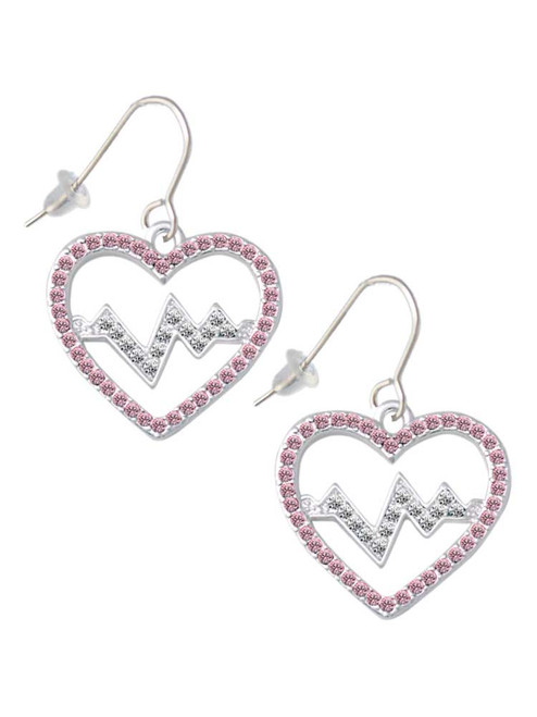 Large Pink Crystal Heart with Clear Heartbeat French Earrings