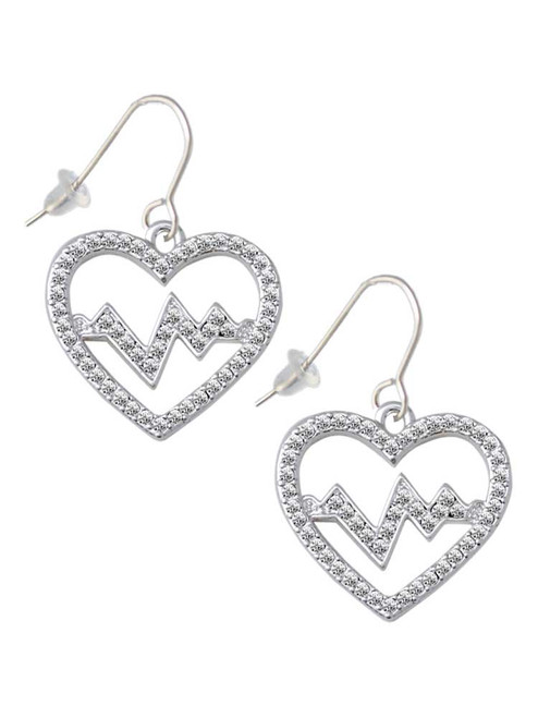Large Clear Crystal Heart with Heartbeat French Earrings