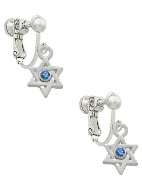 Mini Star of David with Blue Crystal Clip On Earrings