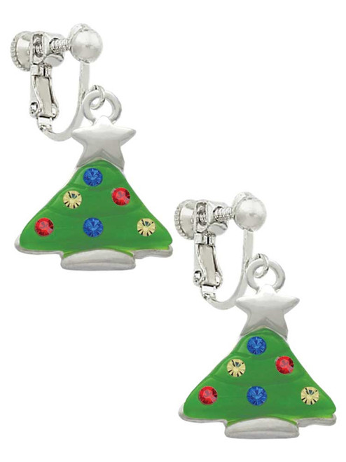 Green Resin Christmas Tree with Crystals Clip On Earrings
