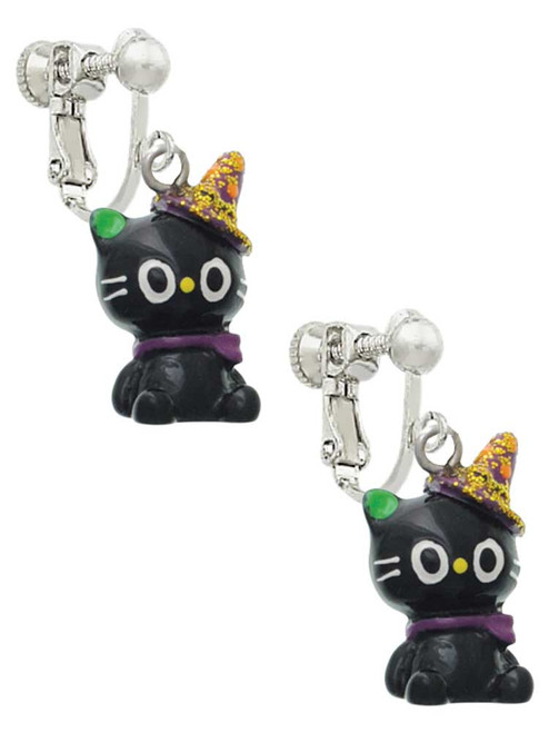 Resin Black Kitty Cat with Witch Hat Clip On Earrings