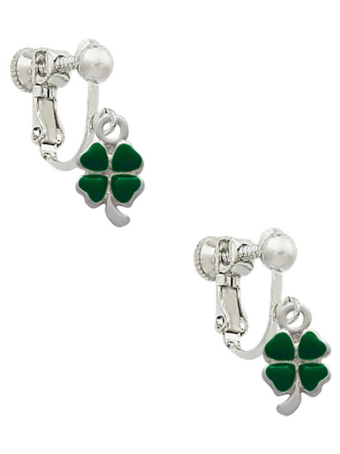 Mini Green Four Leaf Clover with Heart Leaves Clip On Earrings