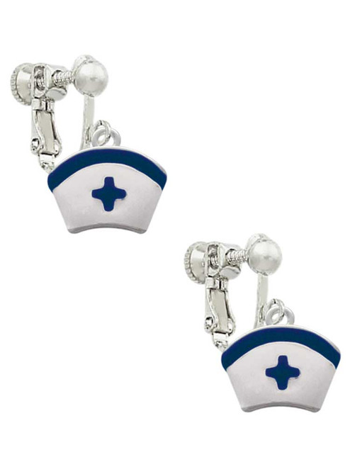 Nurse Hat with Blue Cross Clip On Earrings
