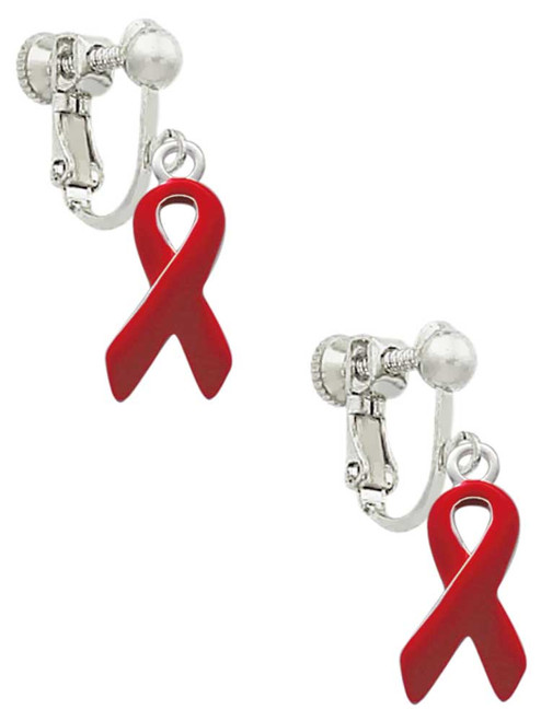 Red Ribbon Clip On Earrings