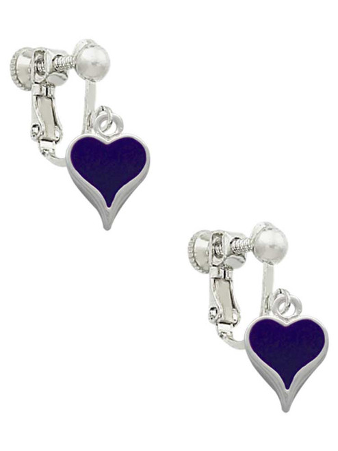 Small Long Purple Heart Clip On Earrings