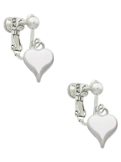 Small Long White Heart Clip On Earrings