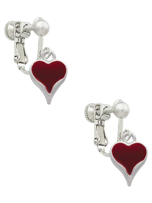 Small Long Maroon Heart Clip On Earrings