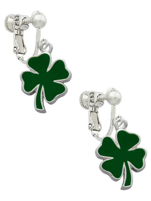 Two Sided Green Enamel Lucky Four Leaf Clover Clip On Earrings