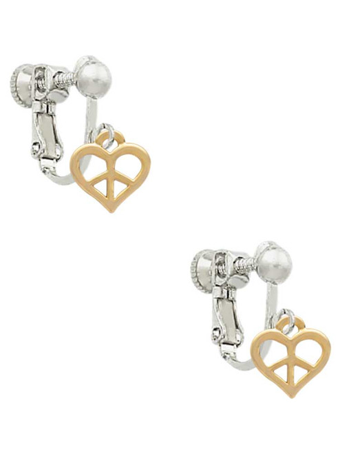 Mini Gold Tone Heart Peace Sign Clip On Earrings