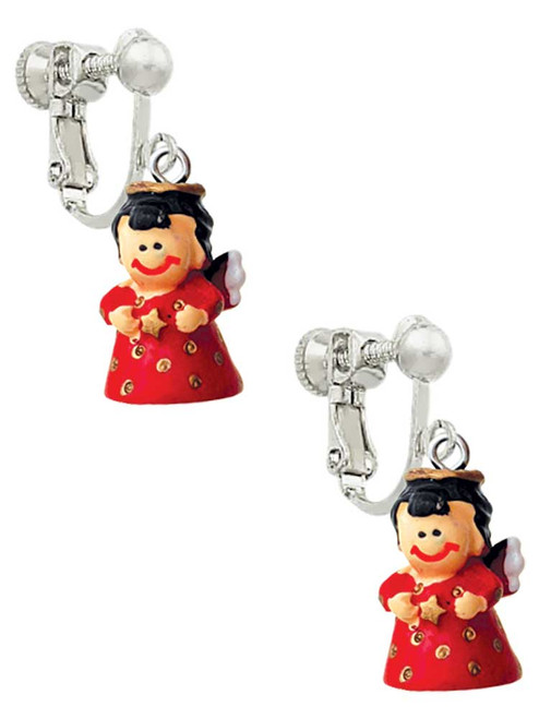 Resin Red Angel Holding Star Clip On Earrings